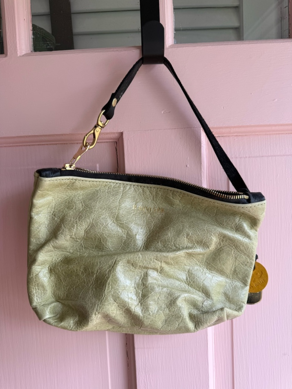 Leather Wristlet Clutch in Olive Green with Gold Hardware